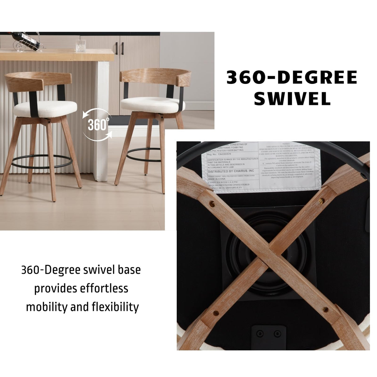 DUOMAY Swivel Bar Stools Set of 3-26" Counter Height Bar Stool with Footrest - Modern Wood Barstools with Linen Upholstered Seat - 360-Degree Swivel Stool for Kitchen Island Home Bar - White DUOMAY