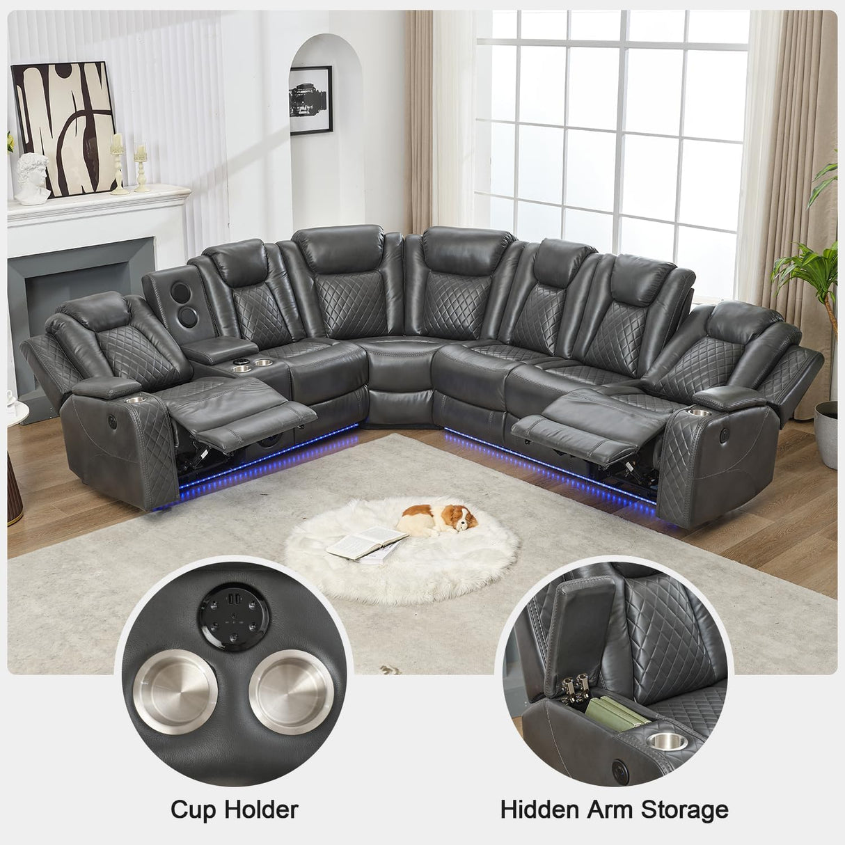Power Recliner Sectional Sofa with Bass Speaker,Wireless Charger,Electric Reclining Sectional Sofa with 2 Faux Leather Recliner,LED Strip,Reading Light,Type-C USB Port,Cup Holder,Storage Console Gray Comfort Stretch