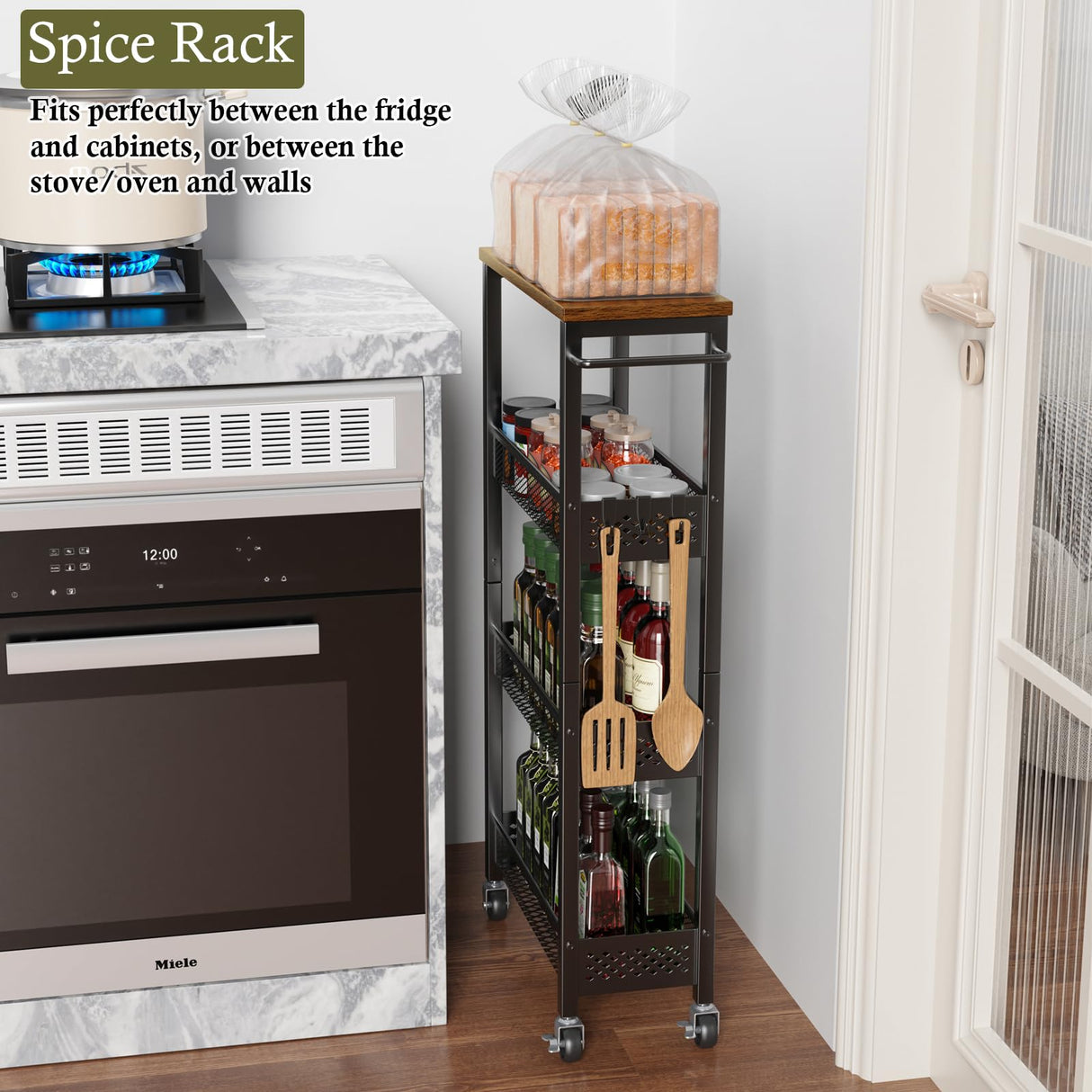 OKZEST Utility Slim Storage Cart, 4 Tier Small Rolling Kitchen Laundry Room Cart with Wood Top, Metal Narrow Bathroom Storage Cabinet Mobile Shelf Unit Organizer Trolley with Handle for Narrow Space OKZEST