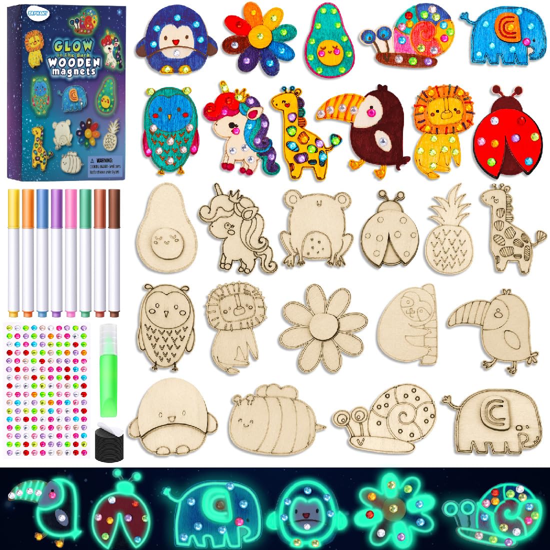 EAPHANT Kids Crafts, 15 PCS Arts and Crafts Painting Kits for Kids Activities Wooden Magnets to Paint EAPHANT