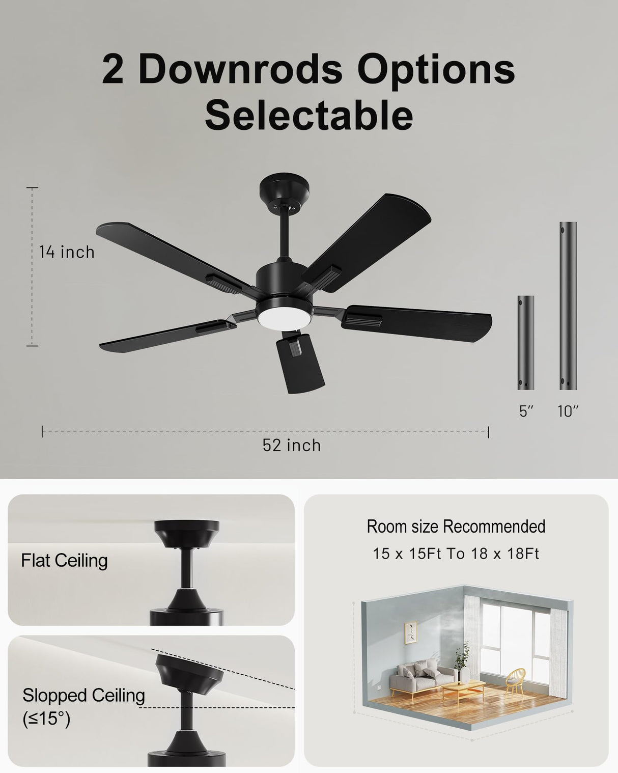 CubiCubi Ceiling Fans with Lights - 52 inch Black Ceiling Fan with Light and Remote/APP, Dimmable, Super Quiet, Modern Ceiling Fan for Indoor Bedroom, Living Room, Kitchen CubiCubi