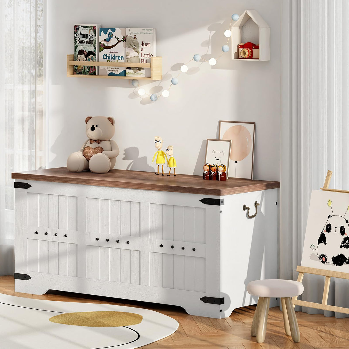 HOOBRO Toy Box, Storage Bench with Safety Hinges, Wooden Toy Chest, 39.4" Farmhouse Storage Chest, for Entryway, Bedroom, Living Room, White and Walnut WH507CW01 HOOBRO