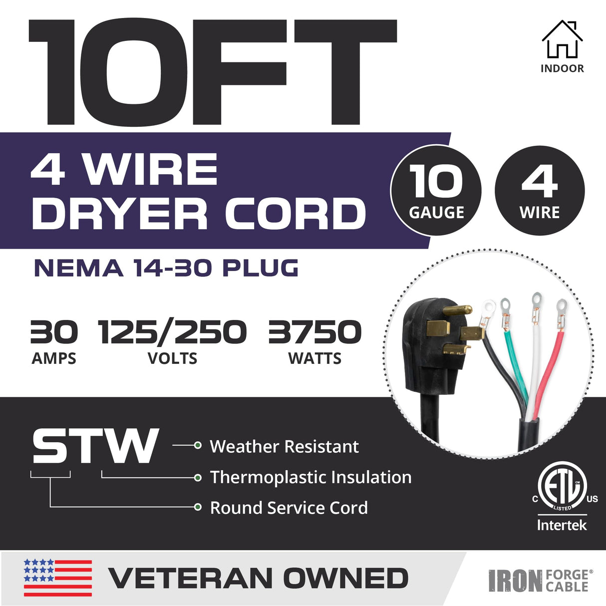 Iron Forge Cable 4 Prong Dryer Cord 10 ft, 10/4 NEMA 14-30 Plug 30 Amp for Dryer & EV with Ring Terminals, 10 Gauge Appliance Power Cord 4 Prong 125V/250V - ETL Certified IRON FORGE CABLE