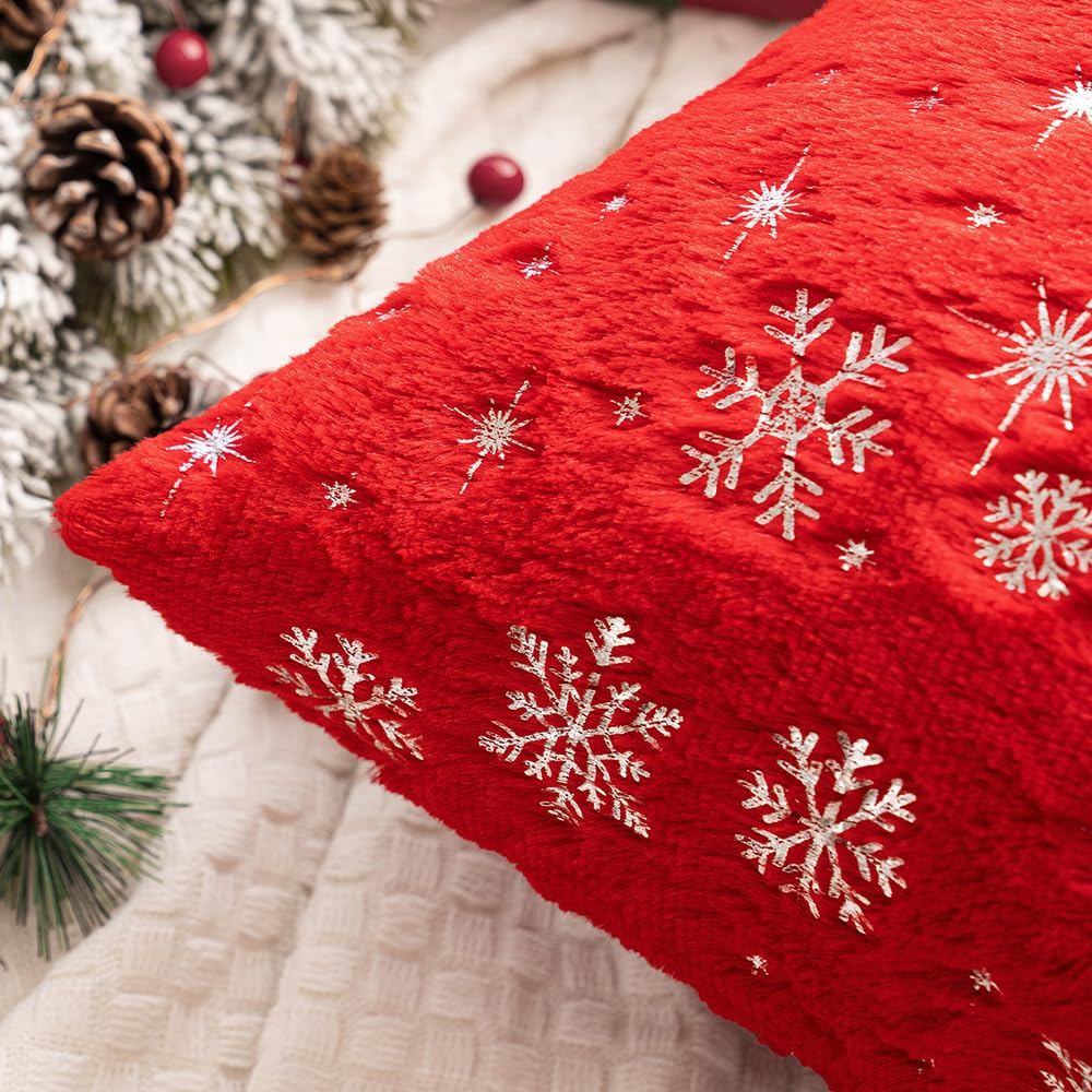 MIULEE Set of 2 Christmas Decorative Throw Pillow Covers Soft Faux Fur Winter Pillow Covers with Silver Snowflake Glitter Holiday Festival Pillowcases for Couch Sofa Bed, 18×18inch, Red MIULEE