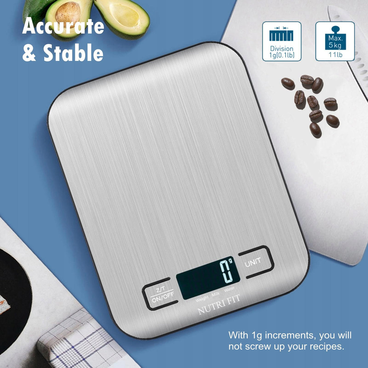 Food Scale, Kitchen Scales Digital Weight Food Grams and Ounces for Weight Loss Baking Cooking of NUTRI FIT, Max 11lb 1g Increment, Backlight LCD Smart Tare Stainless Steel, Easy to Use, AAA Battery NUTRI FIT