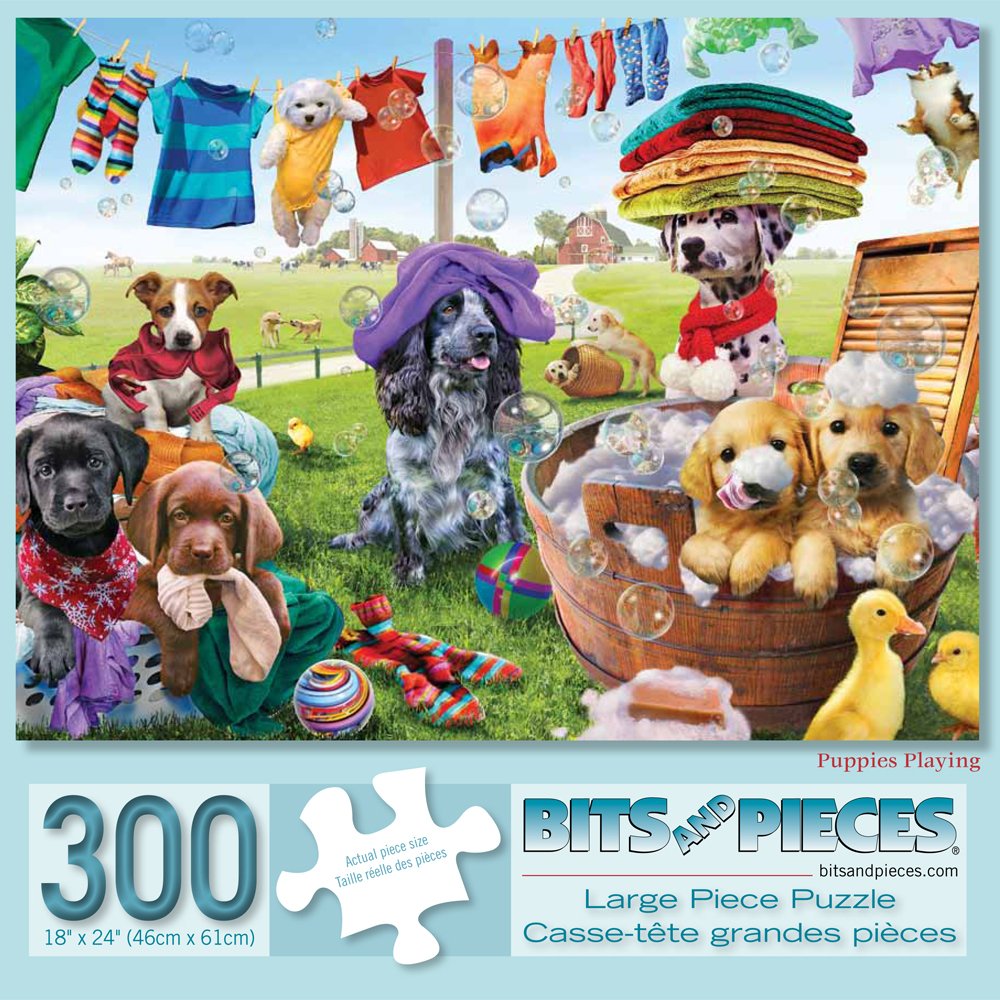 Bits and Pieces – Large 300 Piece Jigsaw Puzzle for Adults – ‘Puppies Playing’ by Artist Adrian Chesterman, Completed Puzzle Size: 18" x 24" Bits and Pieces