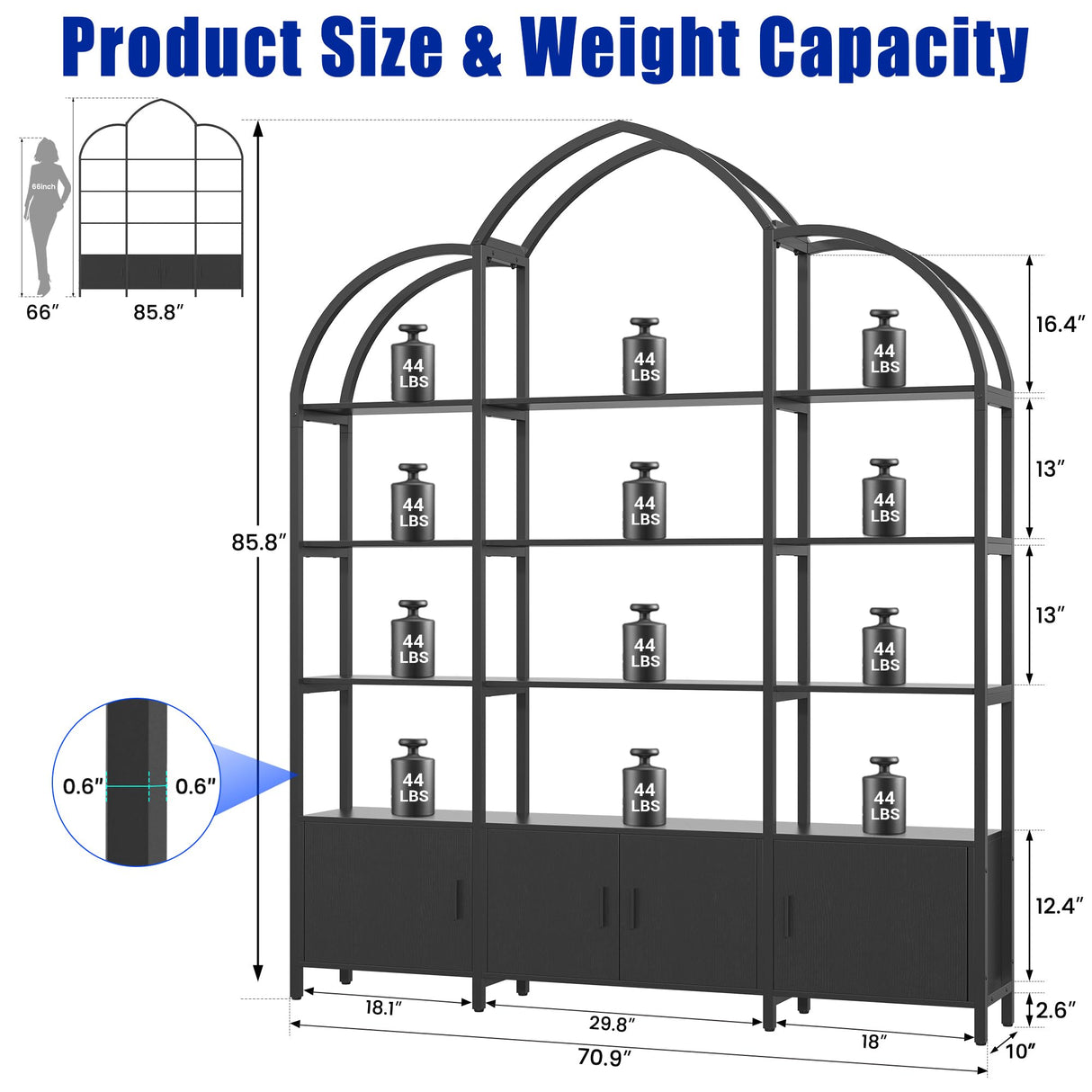 Nosepen Triple Wide 5 Tier Tall Arched Bookshelf and Bookcase with 3 Cabinets, Industrial Metal Etagere Open Bookshelf, Wood Standing Book Shelf with Black Metal Frame for Bedroom Living Room Nosepen