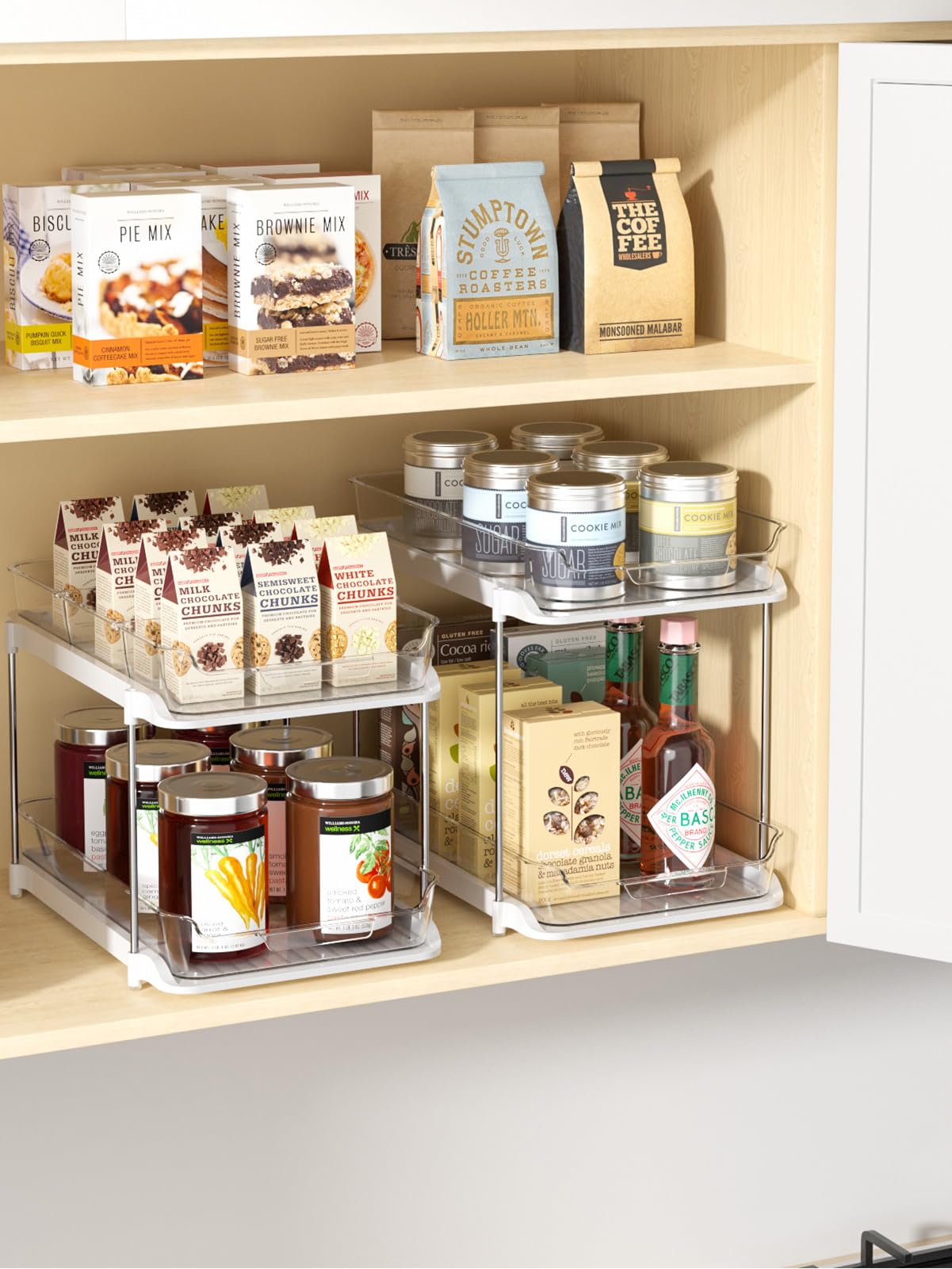 Delamu 2 Sets of 2-Tier Multi-Purpose Bathroom Under Sink Organizers and Storage, Stackable Kitchen Pantry Organization, Pull Out Medicine Cabinet Organizer with 8 Movable Dividers Delamu