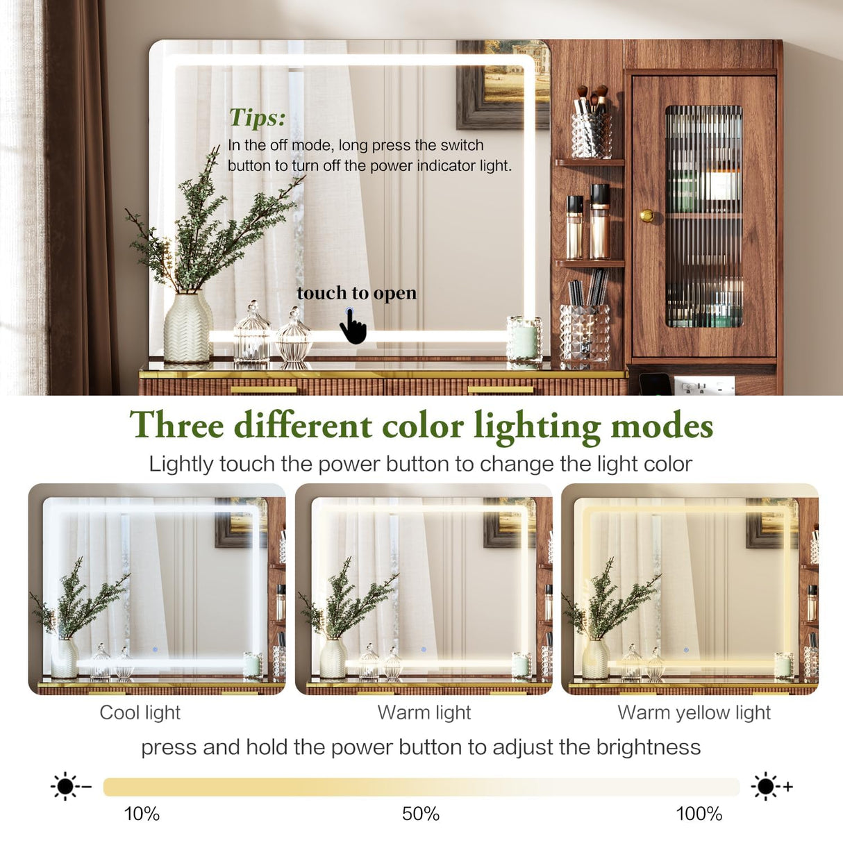 Chrangmay 47.24" Big Modern Vanity Desk with Mirror and Lights,Makeup Vanity Desk with 5 Drawers and Storage Shelves & Power Outlet,Dressing Table with Glass Top, Brown Chrangmay