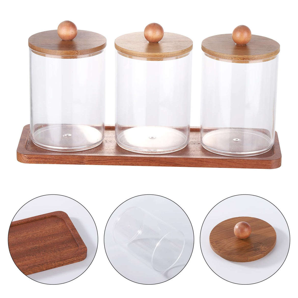 Tbestmax Qtip Holder with Vanity Tray, Clear Bathroom Containers Dispenser for Storage Cotton Swab/Ball/Pad Holder Wood Lids Tbestmax
