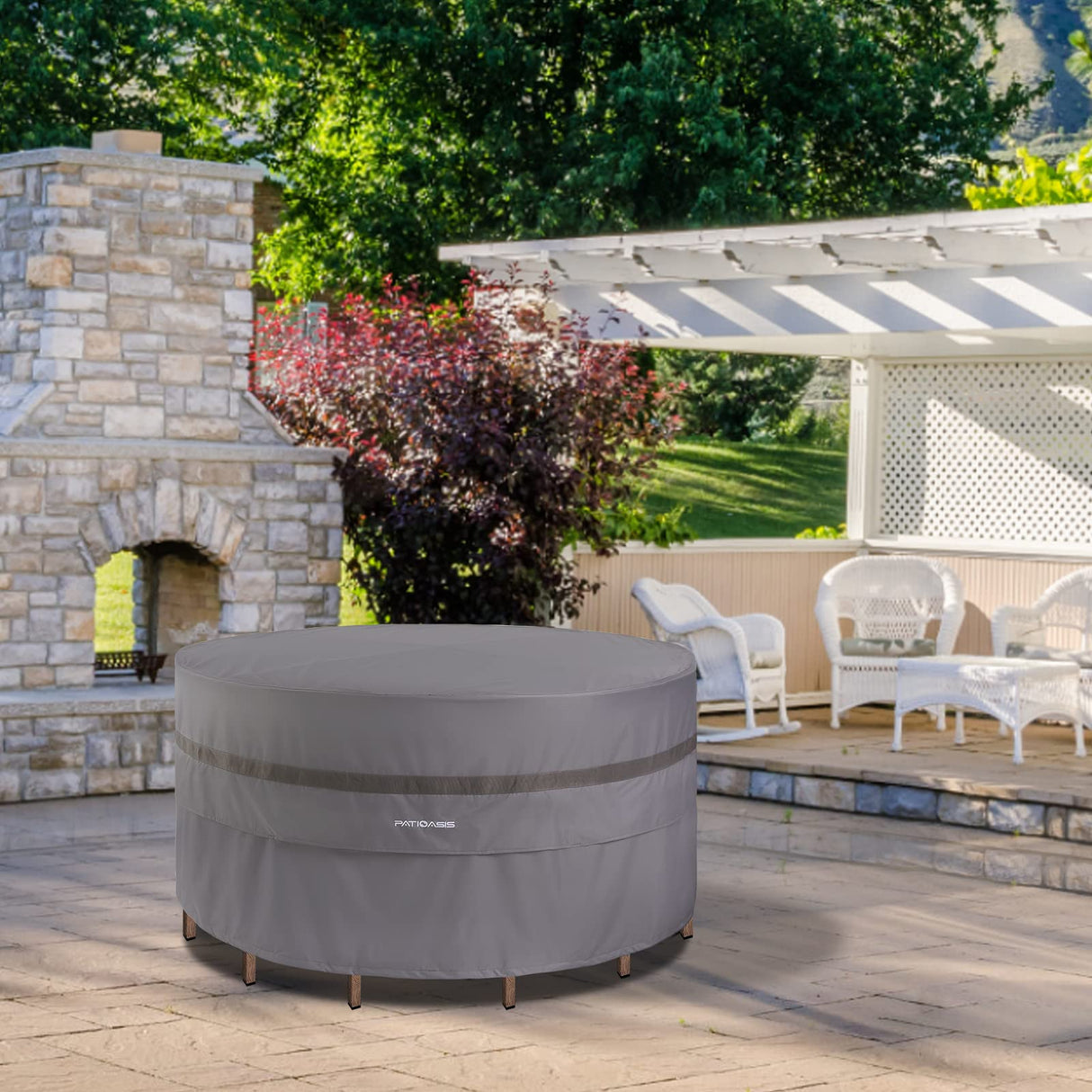 Grey Outdoor Round Table and 7-9 Chairs Cover Large 90'' Dia Waterproof Windproof UV-Resistant Patio Lawn Furniture Dining Table Set Covers 30inches High PATIOASIS