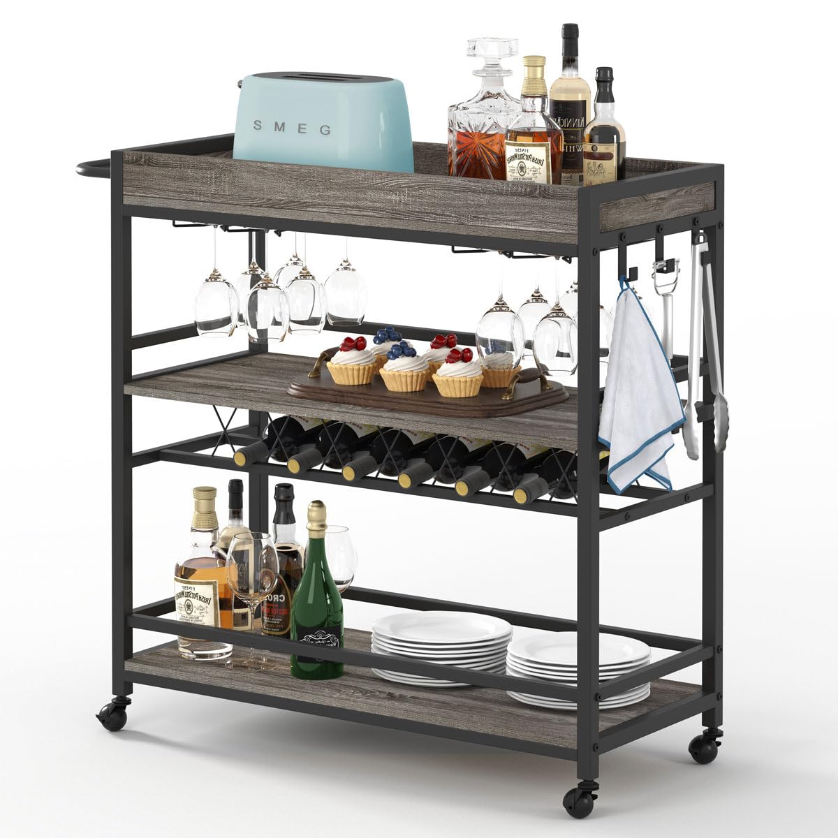 BON AUGURE Bar Cart, Home Bar Serving Cart on Wheels, Mobile 3 Tier Liquor Beverage Cart with Wine Rack and Glass Holder, Grey Oak BON AUGURE