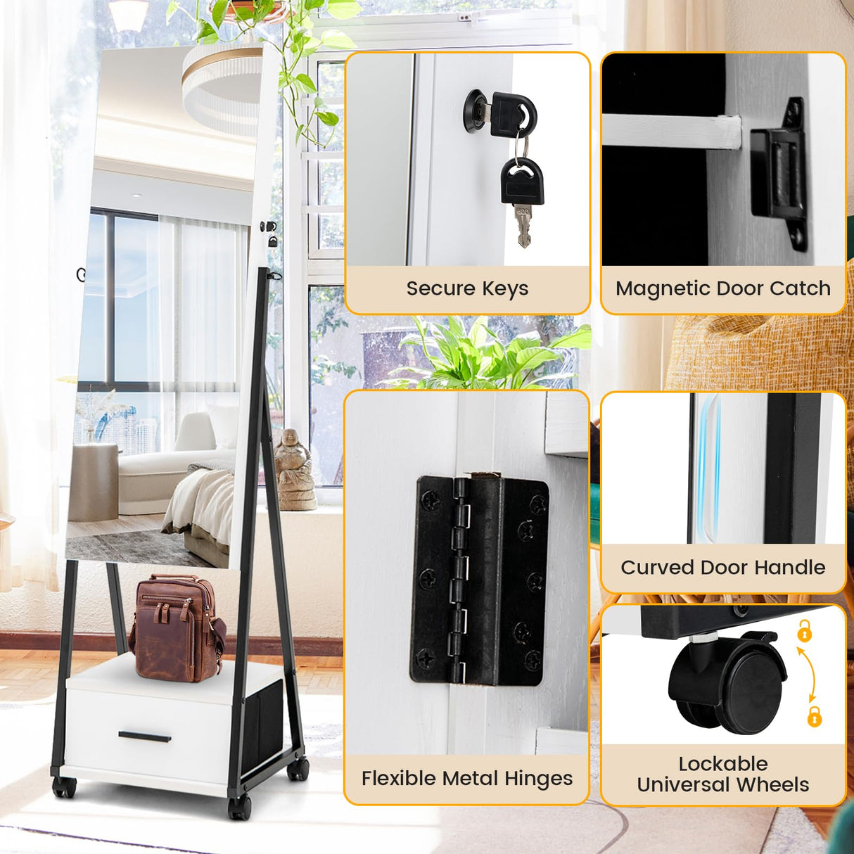 LOKO Rolling Jewelry Cabinet with Wheels, Lockable Jewelry Organizer Box with Drawers, Freestanding Jewelry Armoire with Full-length Mirror, for Women Girls Bedroom Cloakroom (White) LOKO