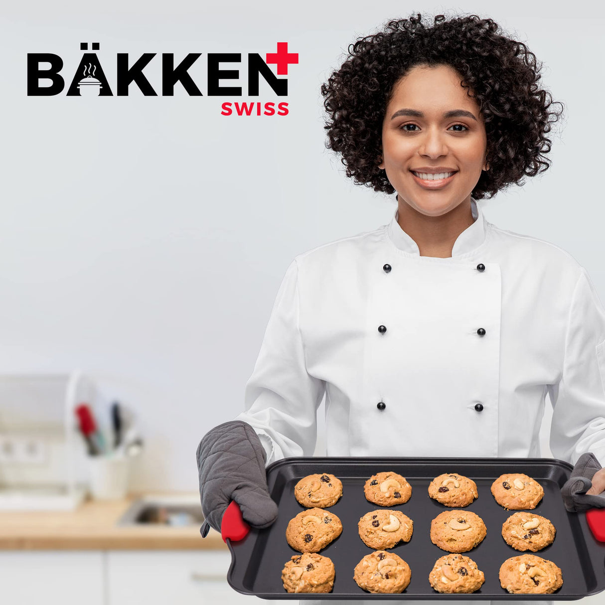 BAKKENMASTER Baking Set – 6 Piece Kitchen Oven Bakeware Set – Deluxe Non-Stick Black Coating Inside and Outside – Carbon Steel – Red Silicone Handles – PFOA PFOS and PTFE Free by Bakken Bakken- Swiss