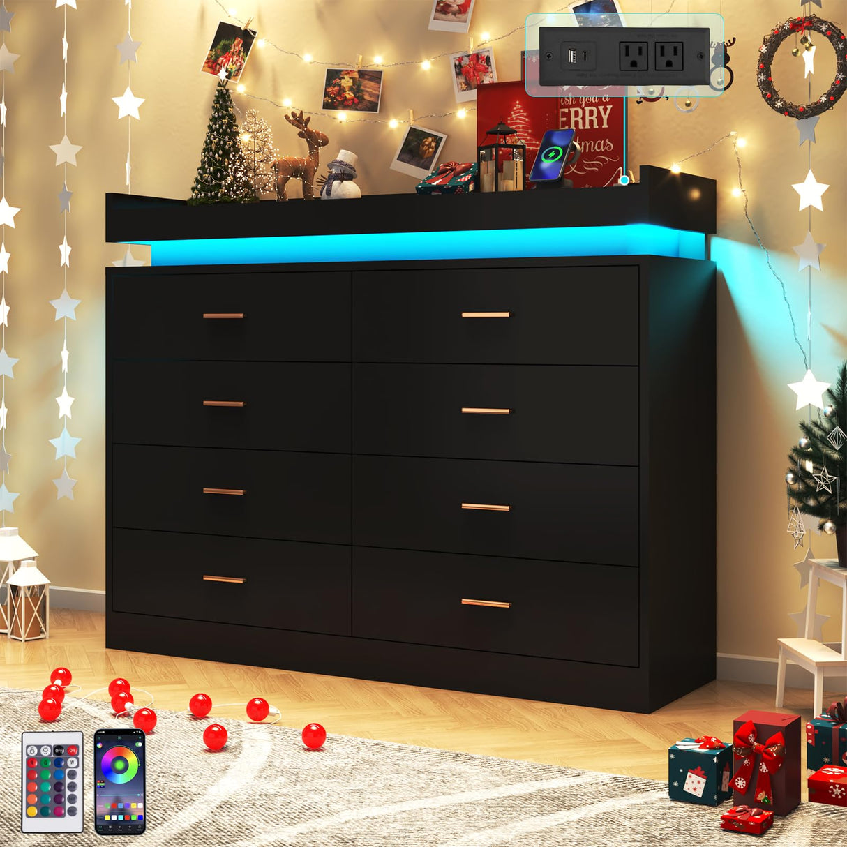 Hlivelood 8 Drawer Dresser with LED Light and Charging Station, Modern Chest of Drawers for Closet, Wide Drawer Organizer Cabinet for Bedroom, Living Room, Entryway, Hallway(Black) Hlivelood