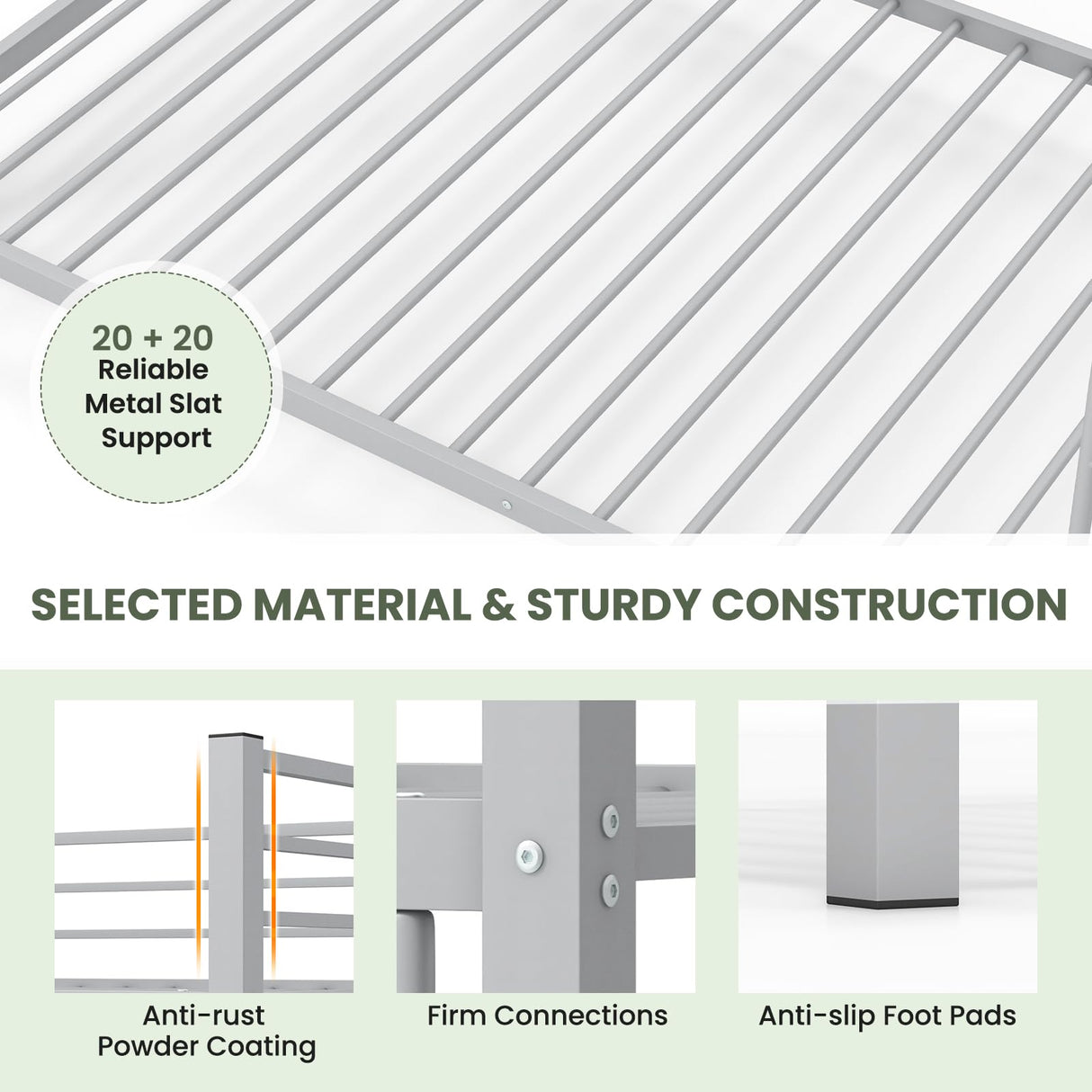 KOMFOTT Metal Low Bunk Bed Twin Over Twin, Heavy Duty Bunk Bed Frame with Ladder & Full-Length Guardrails, Metal Slatted Floor Bed Frame for Teens & Adults, No Box Spring Needed KOMFOTT