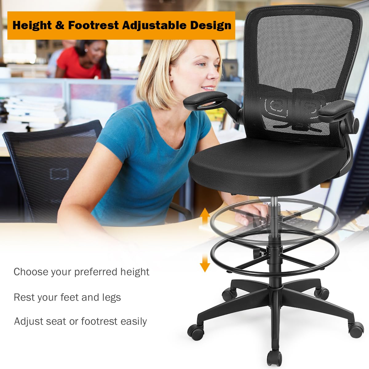 Giantex Drafting Chair, Ergonomic Tall Office Chair with Adjustable Lumbar Support & Footrest Ring, Executive Computer Standing Desk Chair with Flip-up Armrests, High Back Office Rolling Stool, Black Giantex