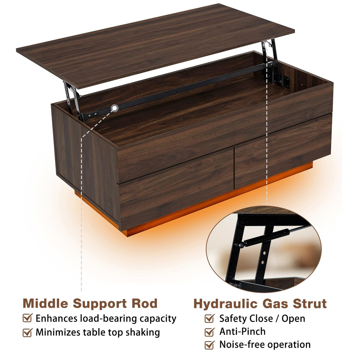 HOMMPA Modern Lift Top Coffee Table with Storage for Living Room, LED Coffee Table, Wooden Lift Table Top Dining Table with 2 Drawers Hidden Compartment & Metal Frame, Walnut HOMMPA