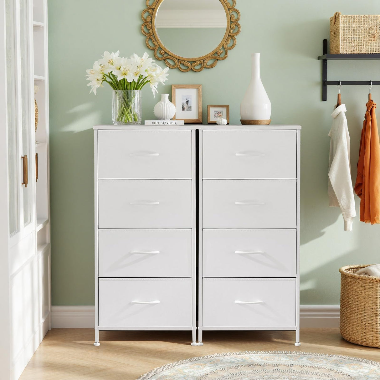 Nightstand, 4 Drawer Dresser End Table Bedside Furniture with Wooden Top Steel Frame Fabric Bins for Bedroom, Closet, Entryway, Dorm, Living Room, White SageNest