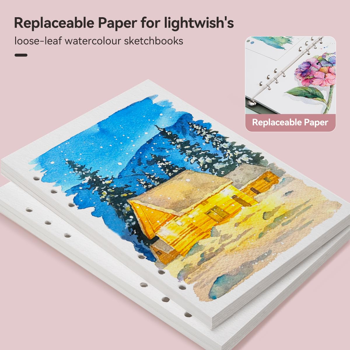 LIGHTWISH Watercolor Paper Bulk, 100% Cotton Cold Press 300gsm/140lb, 2 Pack, Total 40 Sheets A5 Hole-Punched Replaceable Paper for Artists, Adults,Students,5.5 * 8.2 Inches LIGHTWISH