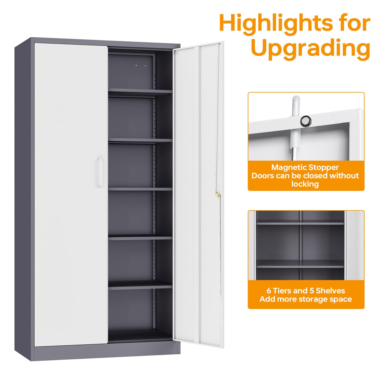 STANI Metal Garage Storage Cabinet with Lock, 71" Steel Lockable File Cabinet, Locking Steel Storage Cabinet with 4 Adjustable Shelves for Home, Office, Warehouse, Garage, School (White+Grey) STANI