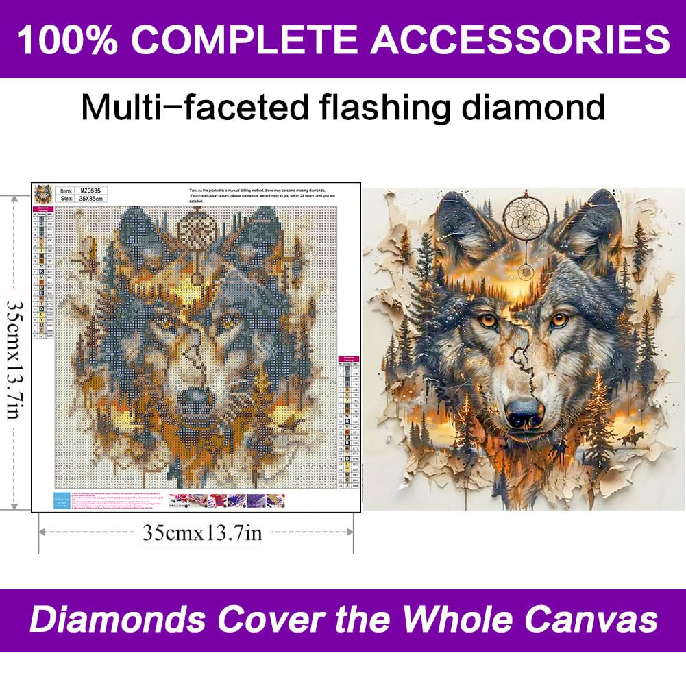 Wolf Diamond Art Kits for Adults, 5D Diamond Painting Kits for Adults Beginners, DIY Round Gem Arts Full Drill Diamond Art Dots Painting, Adult Crafts Kits for Gifts Home Wall Decor 14” x 14” croshom