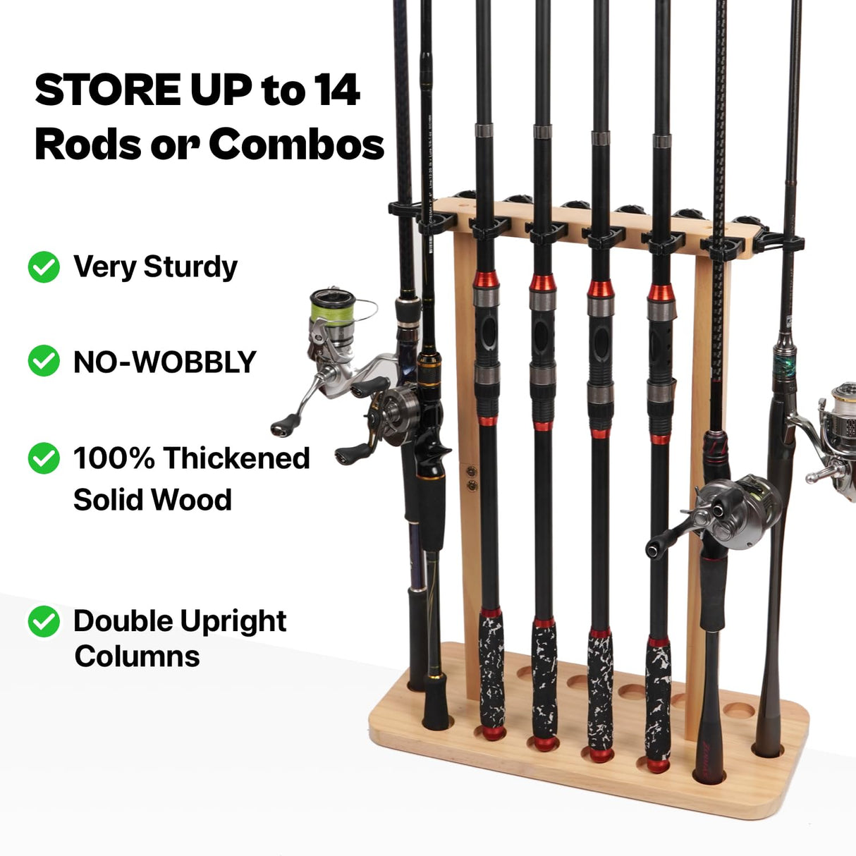 VEYWANE Fishing Rod Storage Racks, 100% Wood Floor Stand Fishing Pole Holders for Garage of 14 Rods or Combos VEYWANE