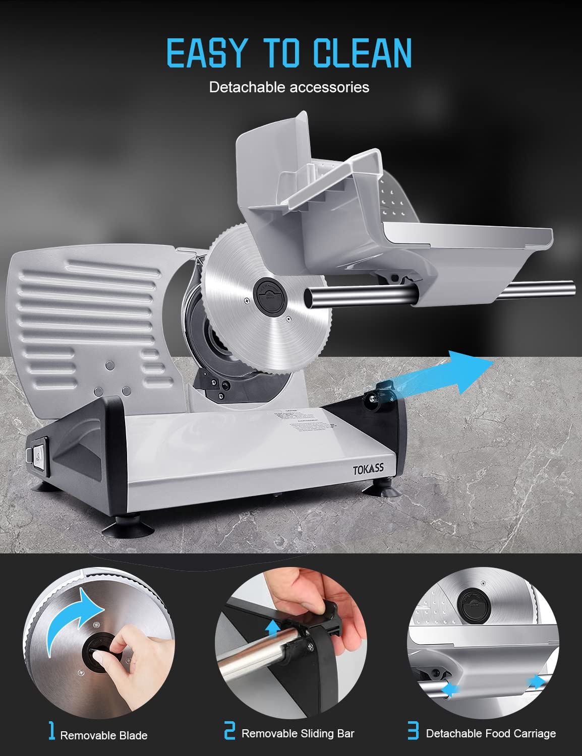 Meat Slicer,TOKASS Electric Deli Food Slicer with Removable 7.5’’ Stainless Steel Blade, Adjustable Thickness Meat Slicer for Home Use, Child Lock Protection, Easy to Clean, Food Slicer Machine-Silver TOKASS