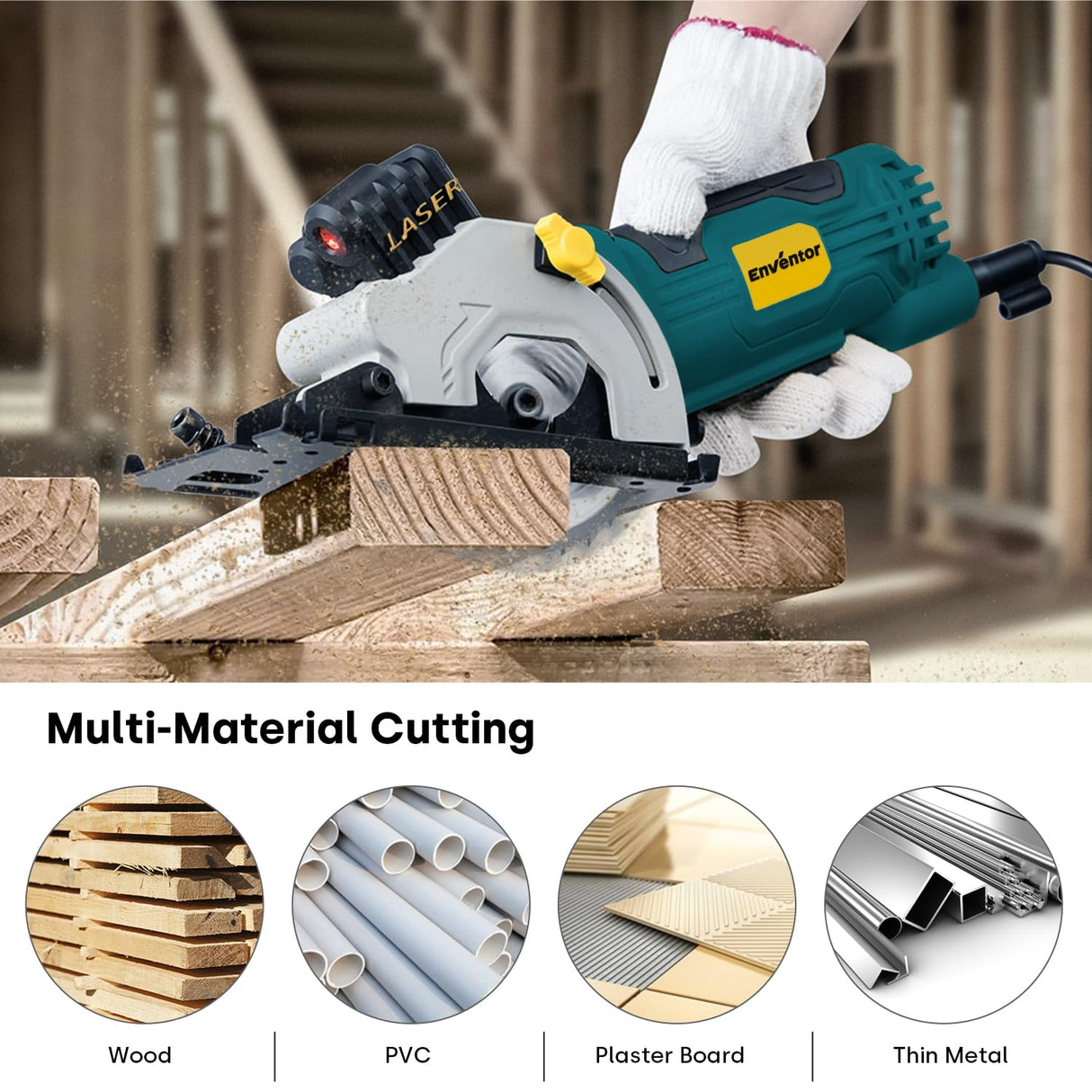 Enventor Mini Circular Saw, 4.8A Electric Circular Saws Corded with Laser Guide, 4000RPM, 3 Saw Blades 3-3/8" Max Cutting Depth 1-1/16", Compact, Power for Wood, Soft Metal, Tile, Plastic Enventor