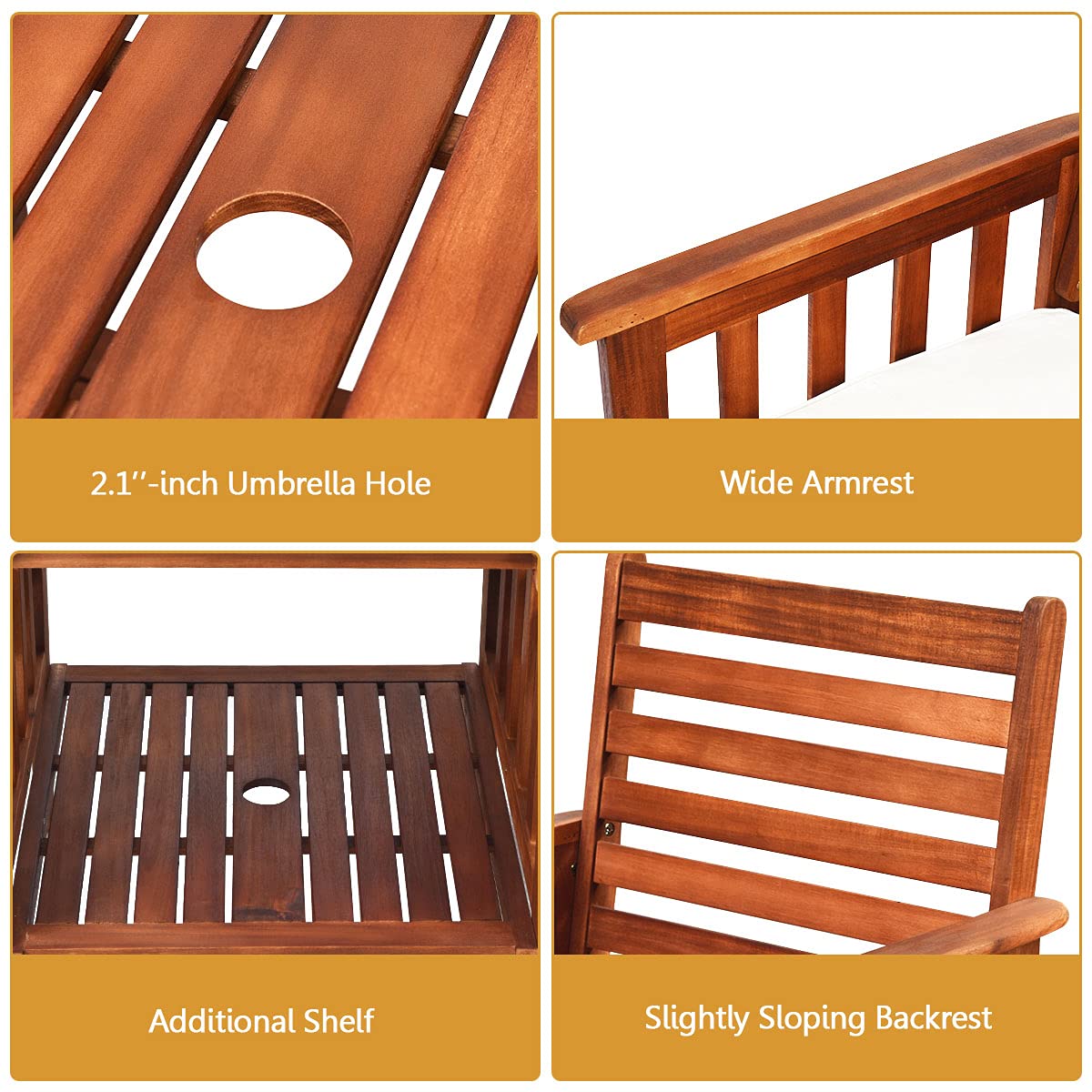 HAPPYGRILL Acacia Wood Loveseat with Table Patio Bistro Set Wooden Table Chairs Set with Cushions, Outdoor Furniture Set with 2.1-inch Umbrella Hole for Garden Balcony HAPPYGRILL