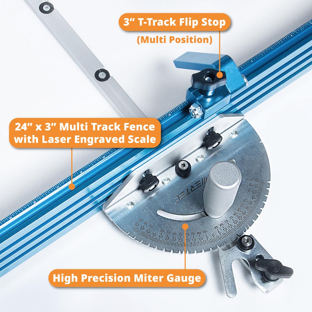 POWERTEC 71391 Table Saw Precision Miter Gauge System w/ 27 Angle Stops and 3/4”x 3/8”T-Slotted Miter Bar w/Removable T-Slot Plate; Includes 24”x 3” Multi T–Track Fence w/Scale, T-track Flip Stop POWERTEC