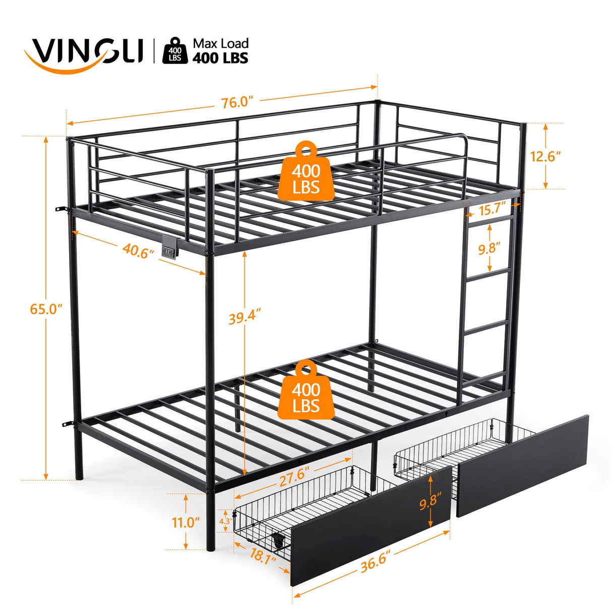 VINGLI Metal Bunk Bed Frame Twin Over Twin with 2 Drawers, LED Lights, Safety Guardrail & Ladder, Charging Station, for Kids, Teens & Adults, Space-Saving, No Box Spring Needed, Black VINGLI