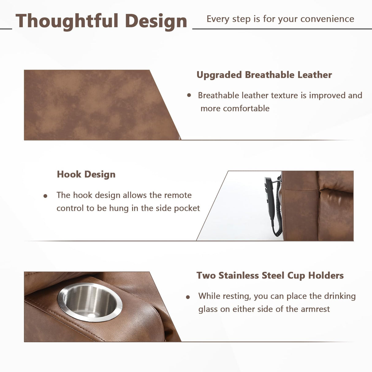 EZZUP Lay Flat Lift Recliner Chair with Massage & Heat for Elderly People, Electric Power Lift Chair with Dual Motor, Cup Holders and 2 Remote Controls, Breathable Faux Leather Brown EZZUP