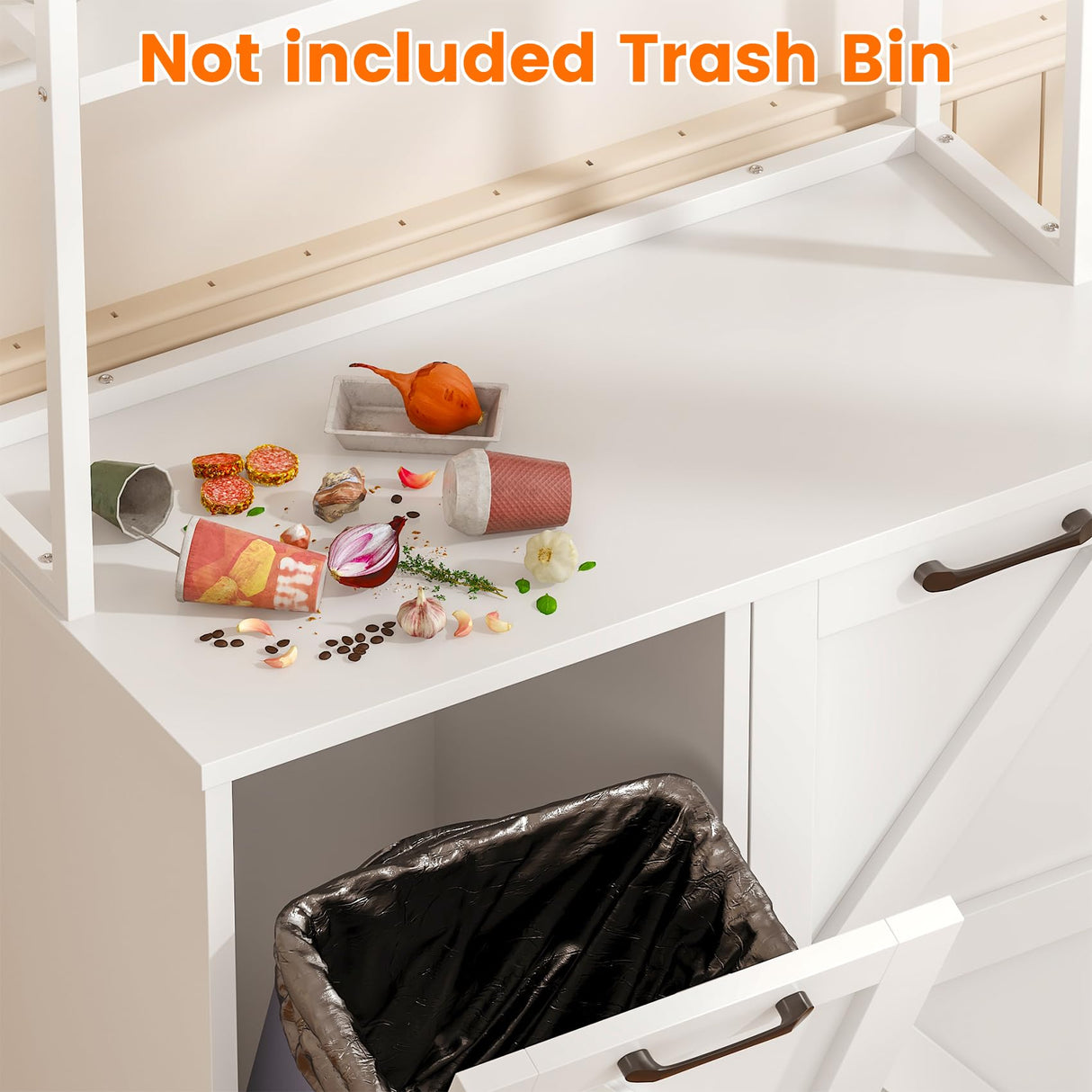 Frmobepts Kitchen Bakers Rack with Storage, 68'' Tall 6 Tier Farmhouse Pantry Cabinet with Trash Bin Cabinet, Microwave Stand Kitchen Cabinet with Hutch,White Frmobepts