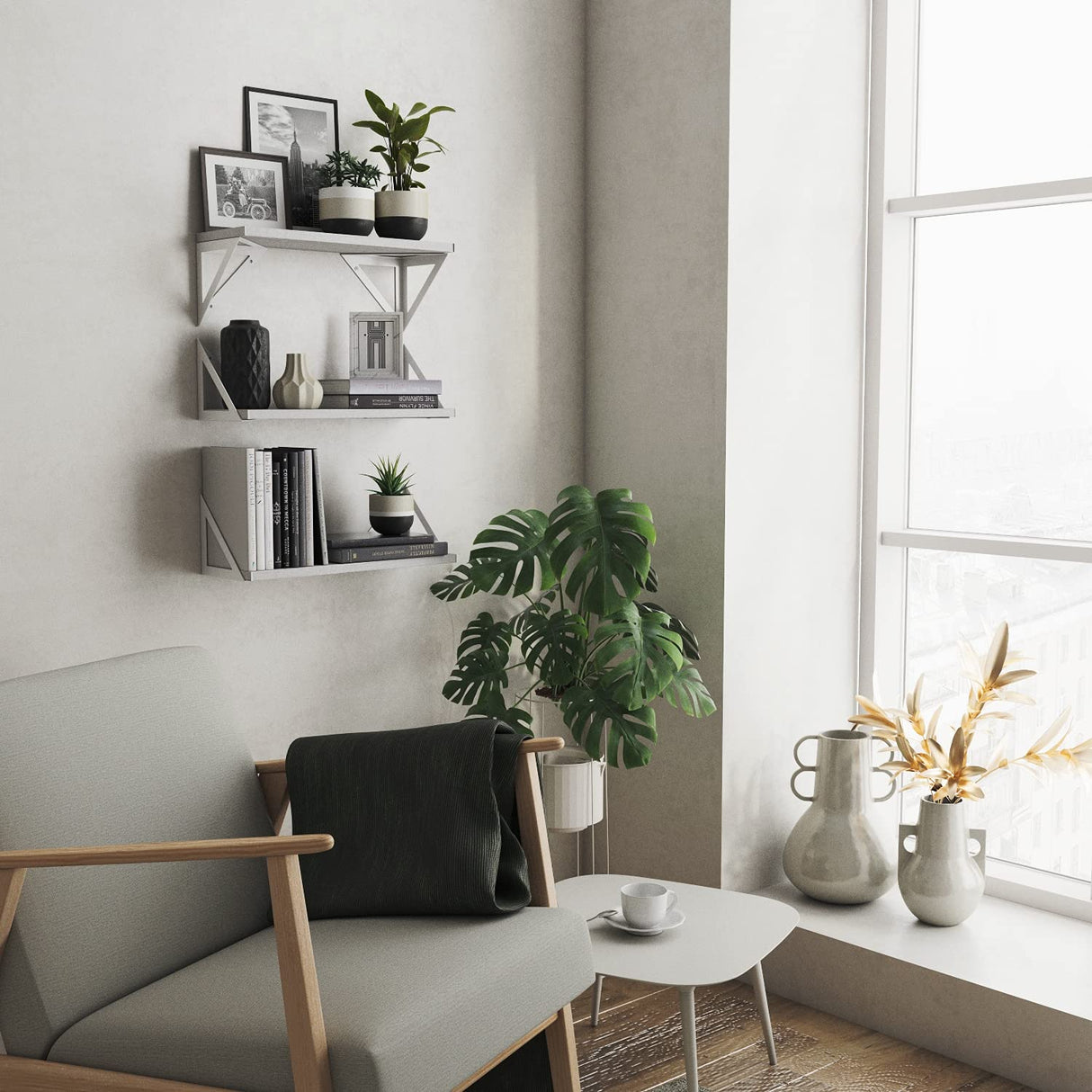 Wallniture Minori Washed White Floating Shelves for Wall Storage, Bathroom Shelves Over The Toilet Storage, Wood Wall Shelves Set of 3 with White Brackets Wallniture