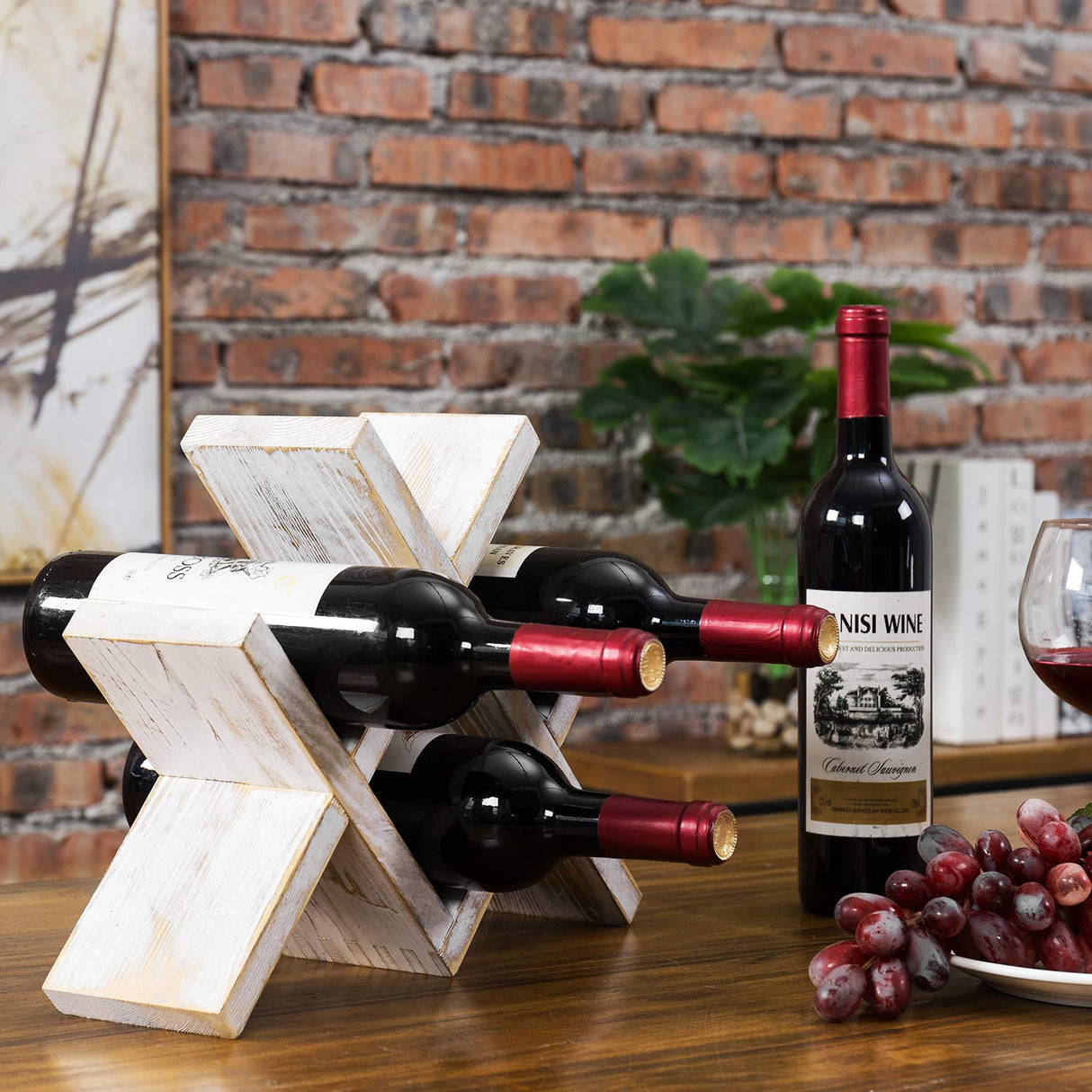 MyGift 4-Bottle Whitewashed Rustic Wood Countertop Wine Storage Rack MyGift