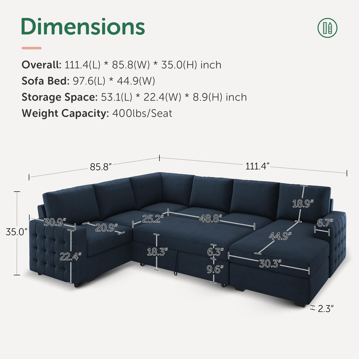 HONBAY Sectional Sleeper Sofa with Pull Out Bed U-Shape Sectional Couch Sleeper Bed with Storage Chaise Lounge Living Room 6 Seater Sectional Sofa,Velvet Dark Blue HONBAY