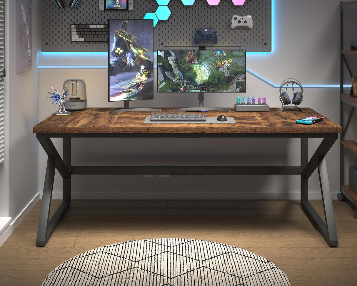 HSH Large Rustic Brown Computer Desk, 70 Inch Home Office Metal Wood Desk for 2 Person, Farmhouse Extra Long Writing Study Gaming Desk Table, Bedroom Living Room PC Laptop Dual Monitor Desk HSH