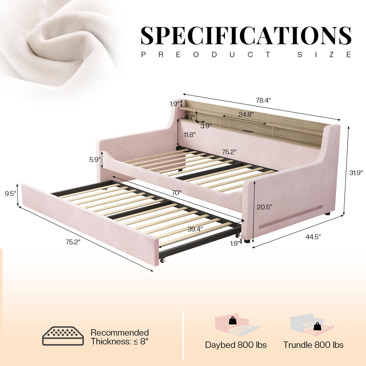 Jocisland Twin Daybed with Trundle, Upholstered Day Bed with Storage Headboard & Charging Station, LED Corner Bed Frame Furniture for Bedroom/Living Room/Guest Room,No Box Spring Needed, Velvet Pink Jocisland