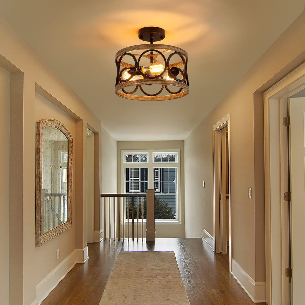 MEIXISUE Semi Flush Mount Modern Farmhouse Ceiling Light Fixtures,3-Lights Black and Retro Wood Finish,Drum Shade Rustic Light Fixtures for Entryway Hallway Foyer Kitchen Dining Room Bedroom MEIXISUE