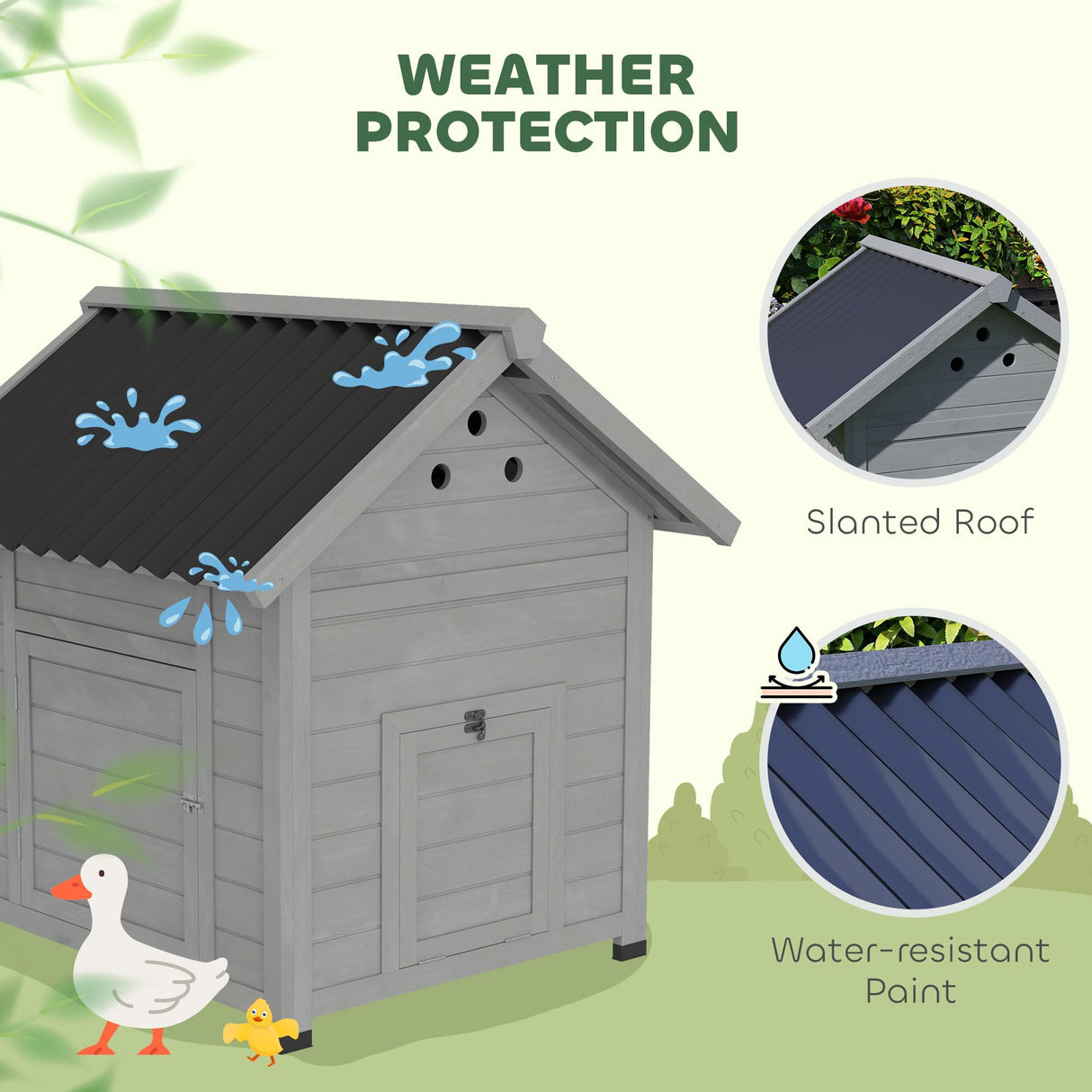 PawHut Duck Coop, Wooden Duck House, Outdoor Small Animal House with Openable Roof, Double Doors, Removable Base for 1-3 Ducks, Light Gray PawHut