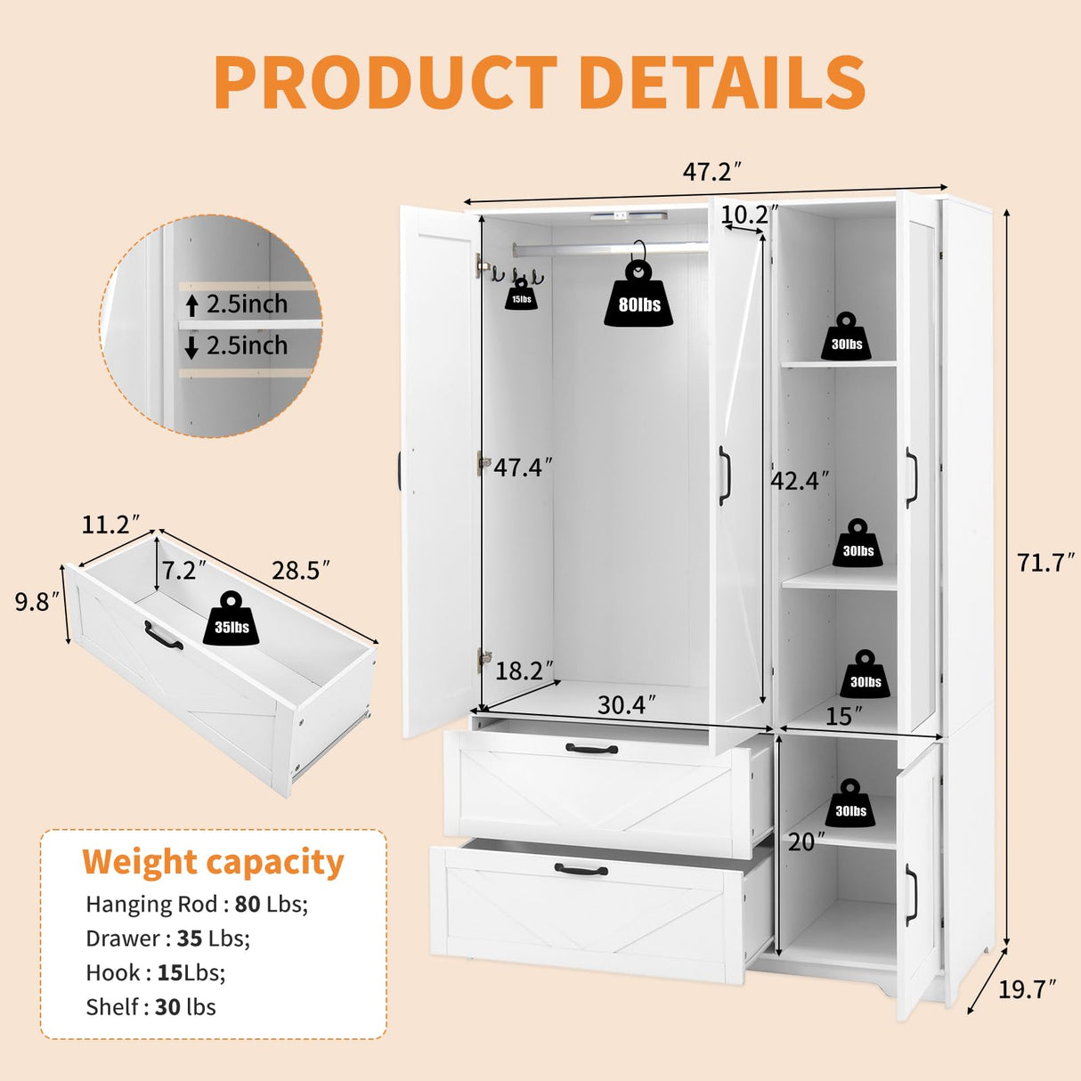Hosnnile 72'' Armoire Wardrobe Closet with Mirror Door & Light, Farmhouse Bedroom Clothes Cabinet with 4 Doorrs + Hanging Rod + 2 Drawers, Wooden Wardrobe Cabinet with Adjustable Shelf for Bedroom Hosnnile