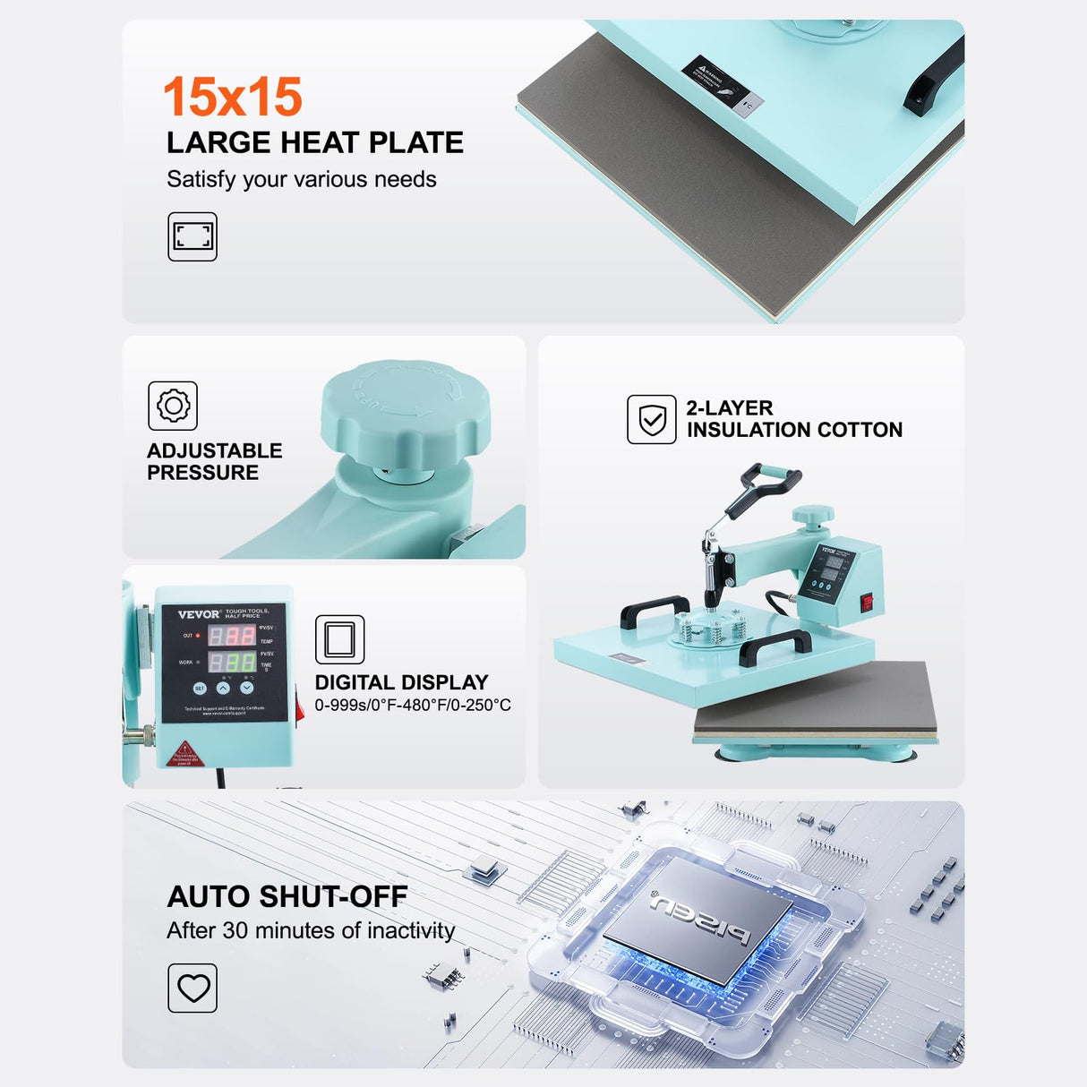 VEVOR 15x15 Heat Press Machine 8 in 1 Combo with 30 OZ Tumbler Press & Hat Press, Slide Out Heat Press Sublimation Machine for T-Shirts, Hats Caps Tumblers Glass Cans Mugs, and Plates (Light Green) VEVOR