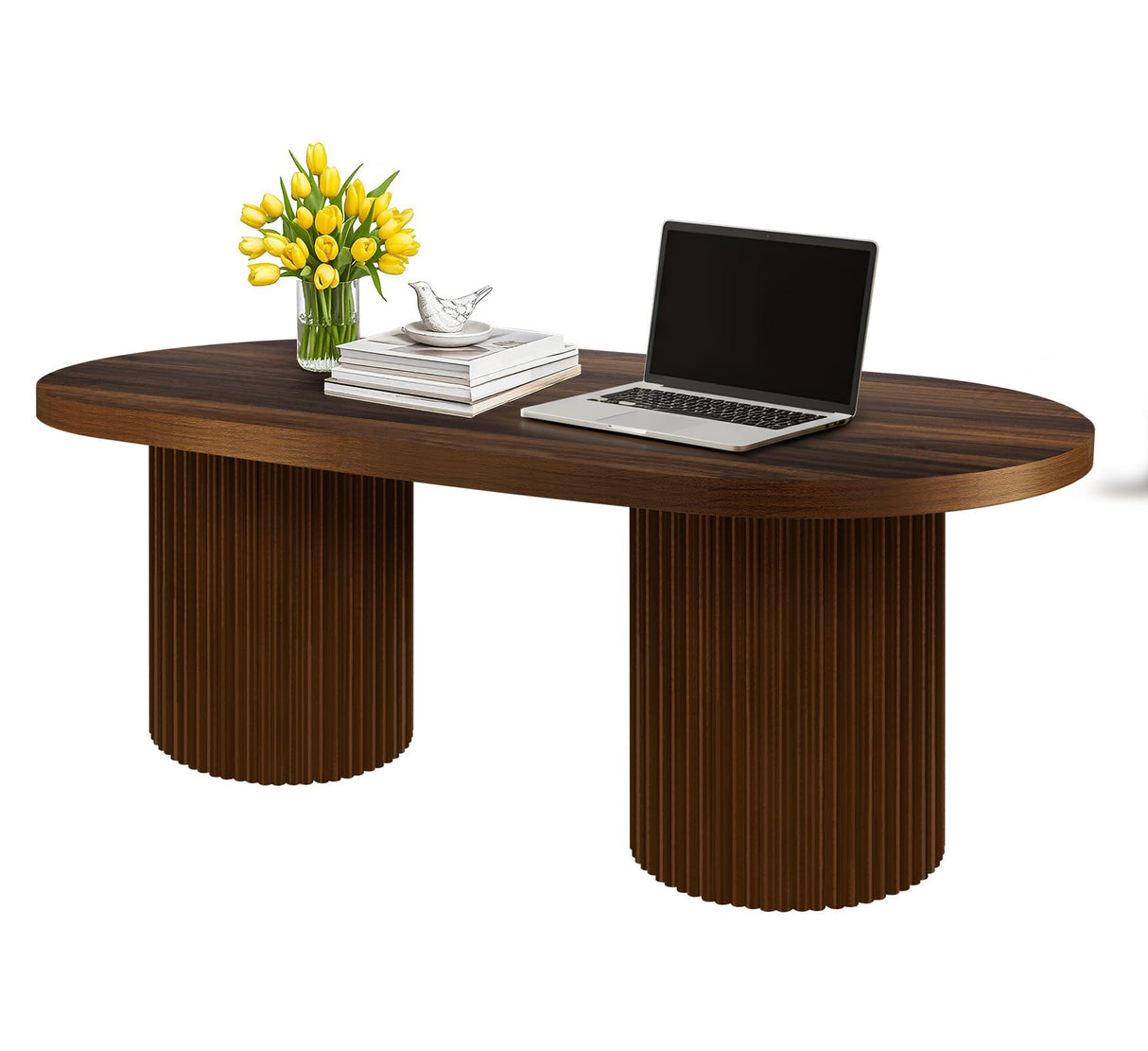 Farmhouse Coffee Table, Ellipse 47 in Wood Modern Center Accent Table, Mid Century Wooden Coffee Tables with Sturdy Base & Rounded Corners for Living Room (Rustic Brown) ZYBT