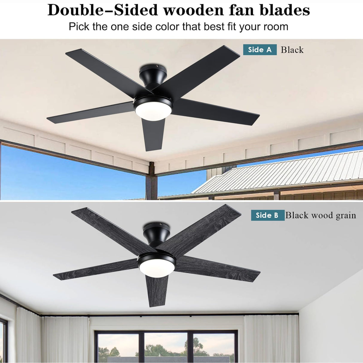 Ayaoty Ceiling Fans with Lights, 48 inch Low Profile Ceiling Fan with Light and Remote Control, Flush Mount, Reversible Motor, Dimmable, Noiseless, Black Ceiling Fan for Bedroom, Indoor/Outdoor Use Ayaoty