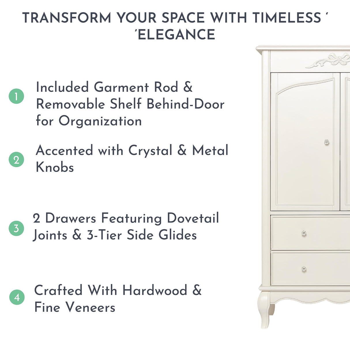 Evolur Aurora Armoire, 40x20.25x68 Inch (Pack of 1), Ivory Lace Evolur