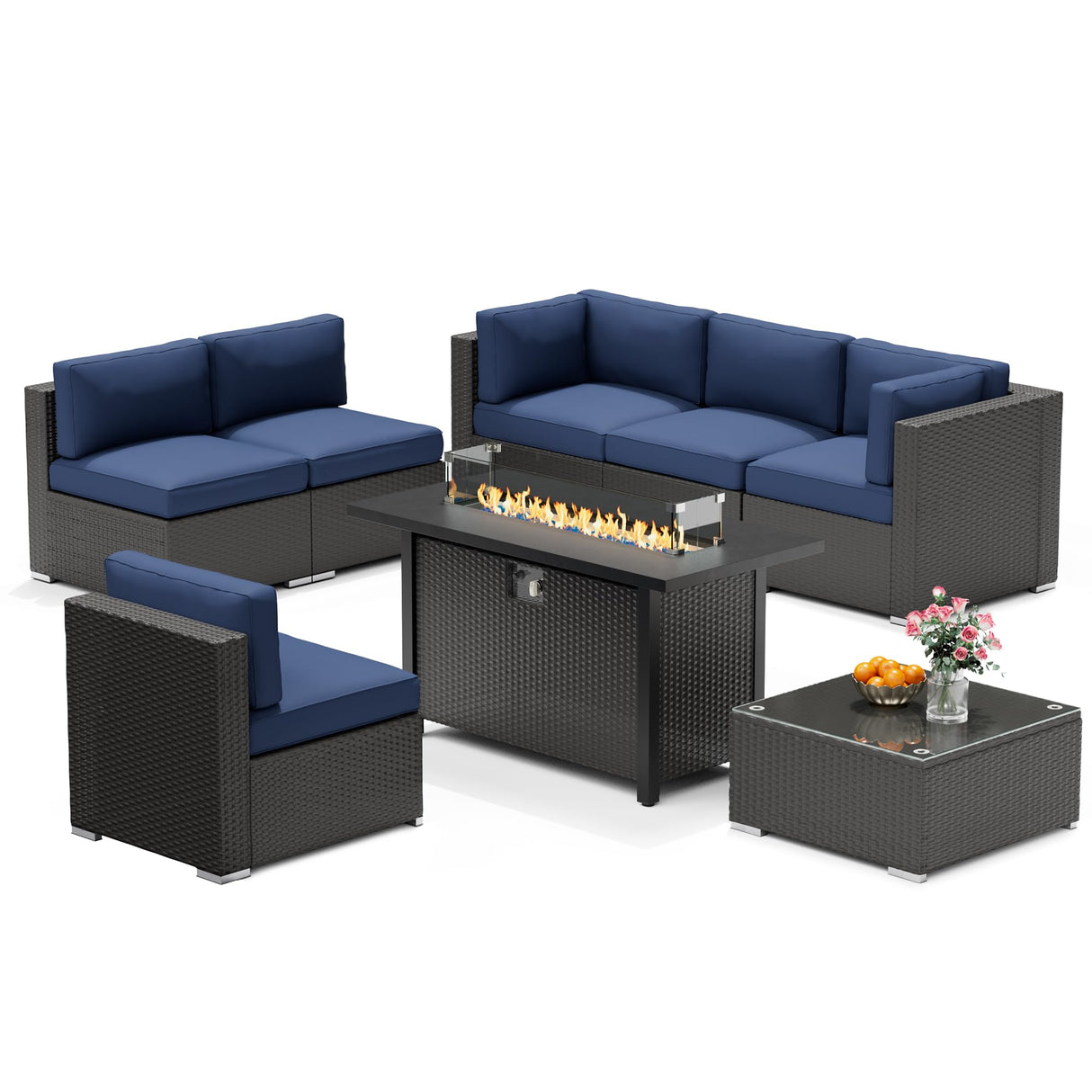 Betterland 8 Piece Outdoor Sectional Sofa Set with Fire Pit Table, Patio Furniture Set, All-Weather PE Black Wicker Patio Conversation Set with Washable Cushion and Glass Table(Dark Blue Cushions) Betterland