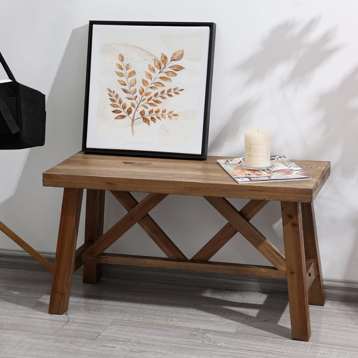 Wnutrees 30" Farmhouse Wood Bench, Rustic Solid Wood Entryway Bench Seat with Double X-Structure for Dining Room, Living Room, Hallway, Structural Stability, Natural Wnutrees