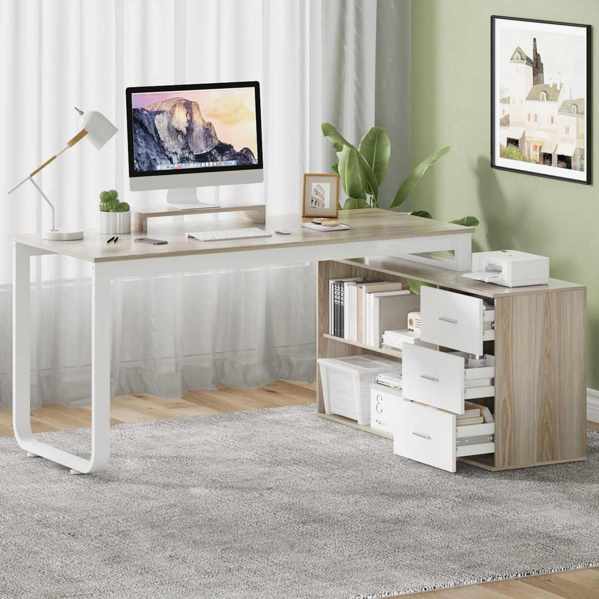 MaverickFurni 55 Inch Long Desk with Storage Shelfs, L Shaped Computer Desk Corner Home Office Desk with Removable Monitor Stand, Study Desk for Kids (Walnut) MaverickFurni