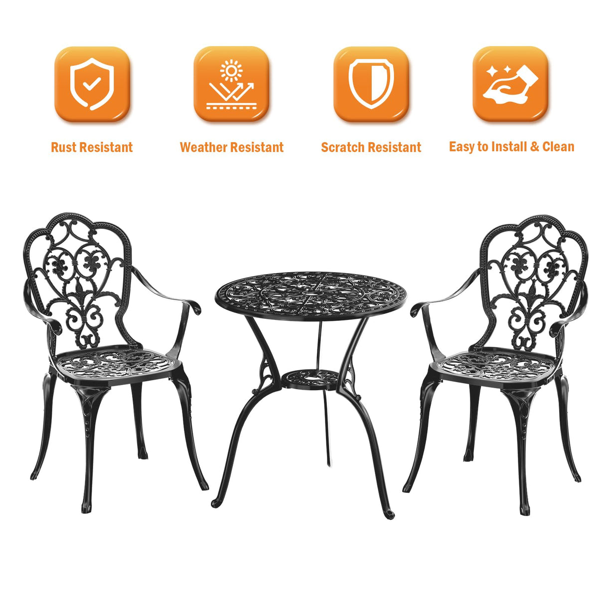 Z1UVDFUR Patio Bistro Set of 2, Cast Aluminum, Outdoor Set w/Umbrella Hole, 3 Piece Table and Chairs Set, Bistro Set for Backyard/Garden/Lawn, Black Z1UVDFUR